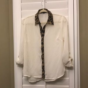 Sheer blouse with leopard  print trim